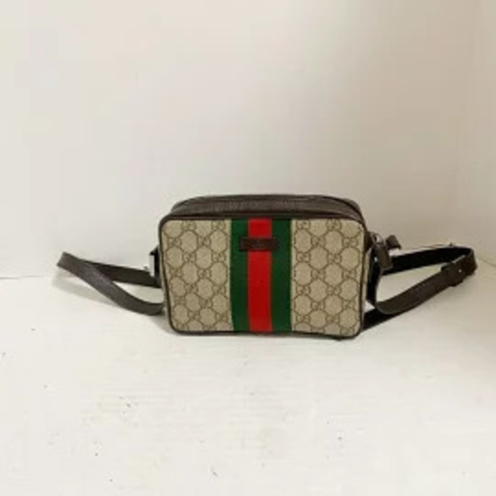 Gucci GG Plus Supreme Sherry Web Shoulder Bag Beige Cream x Dark Brown Leather